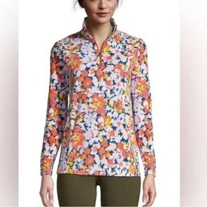 Land’s End Floral Ba Te Mu Dy Anyweather Fleece Quarter Zip Pullover NWT Large